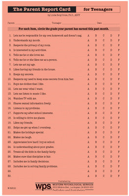 Parent Report Card for Teens (pack of 20)